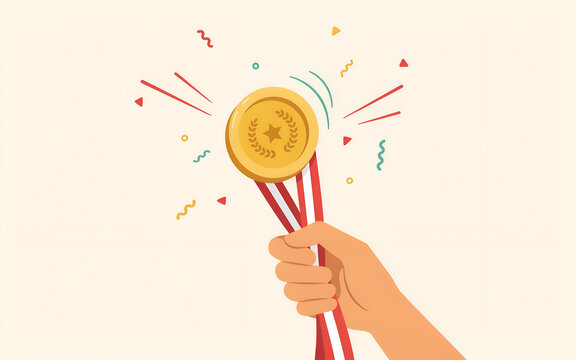 Hand holding gold medal with red ribbon and confetti during celebration concept