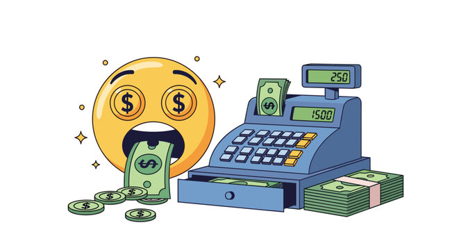 Greedy yellow emoji eating money next to a retro cash register filled with piles of green dollar bills and gold coins.
