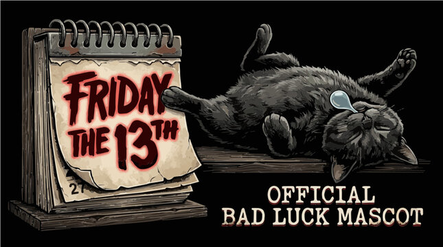 Friday the 13th Calendar with Sleeping Black Cat Official Bad Luck Mascot Vector Illustration