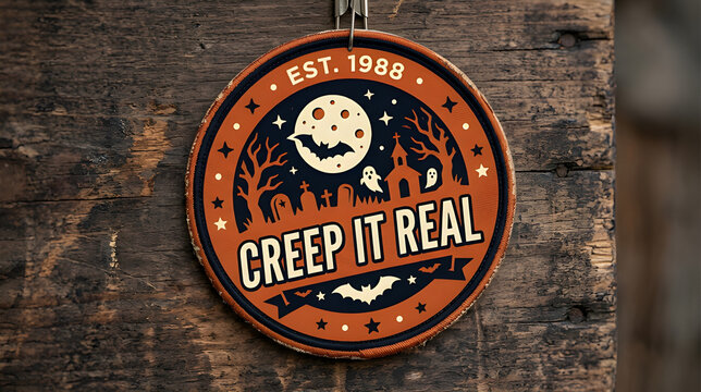 Creep It Real vintage Halloween patch badge on rustic wooden texture vector mockup

