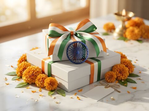 Wrapped gift box with marigold flowers for diwali celebration at home