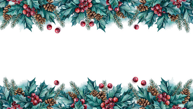 Holly berries and pine cones arranged in festive borders with winter foliage for seasonal decoration