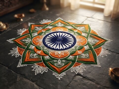 Colorful indian rangoli design with ashok chakra symbol on the floor
