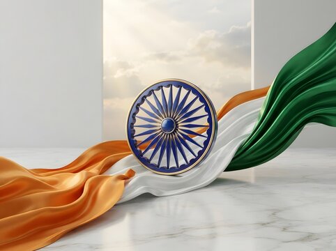 Ashoka chakra wheel with waving india flag colors for independence day