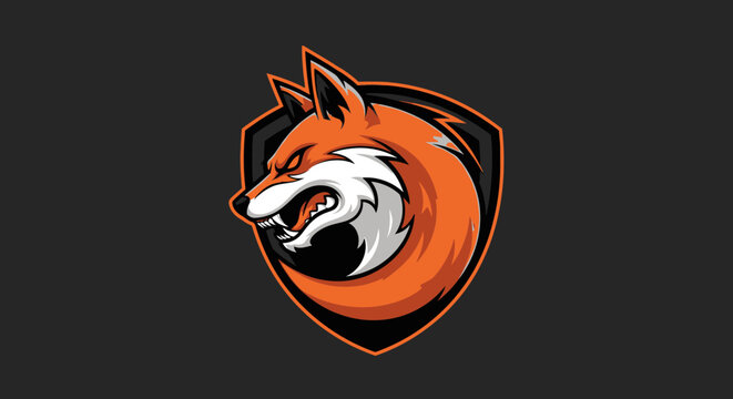 Fierce fox head mascot logo with orange, white, black, and gray colors