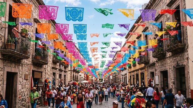 Vibrant Mexican Street Festival with Papel Picado Banners and Crowds