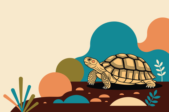 Detailed tortoise walking on brown earth path against a retro background of colorful organic shapes, vintage wildlife concept