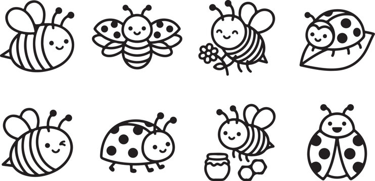 Cute cartoon bees and ladybugs illustration set