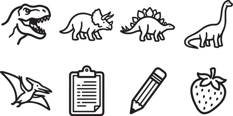 Black and white dinosaur and object icons set © Torikul