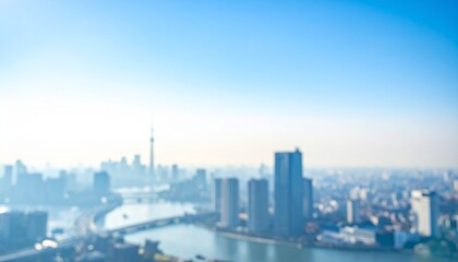 Fototapeta premium 都会のオフィスビル街のぼやけたイメージ画像 青空の背景 ソフトフォーカス、背景ボケ