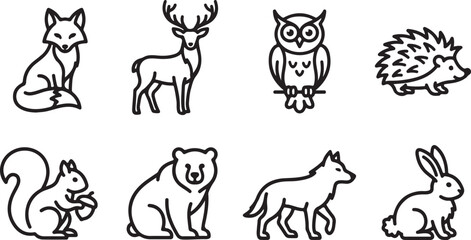 Fototapeta premium Eight sitting forest animals vector icons