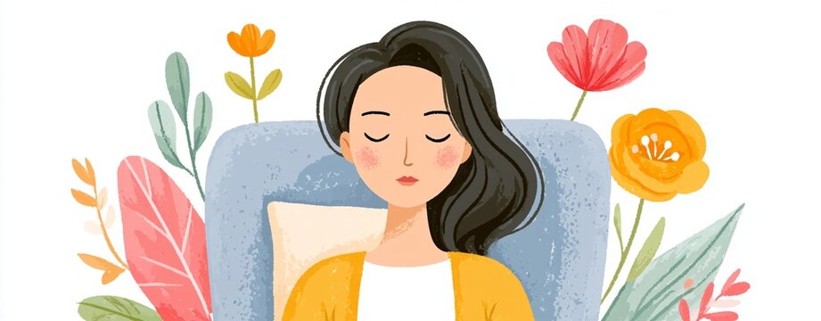 Soft textured watercolor style illustration of a serene woman with eyes closed, resting peacefully in a chair surrounded by blooming flowers, conveying tranquility for mental health blogs.