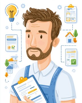 Vertical Modern digital illustration of a property manager analyzing a checklist with a workflow diagram of houses and ideas for an efficient home maintenance service concept.