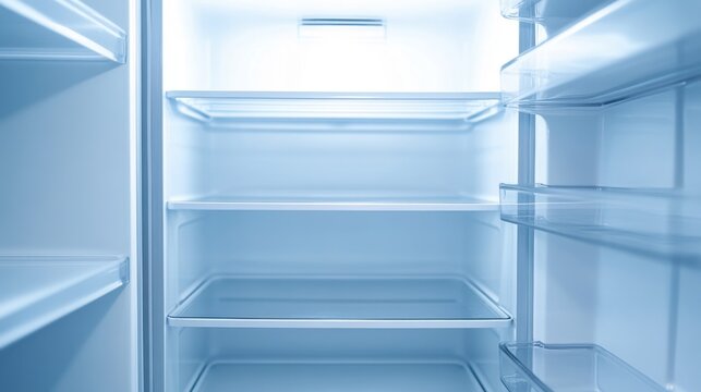 Close up interior view of a clean empty refrigerator with bright white and light blue led lighting