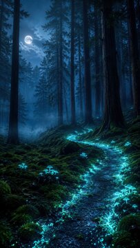Bioluminescent Forest Path Glowing Through Moonlit Woods