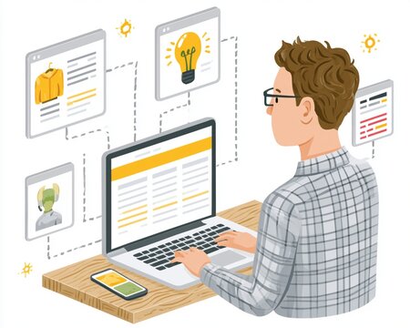 Modern isometric business illustration of a male developer working on a laptop, managing e-commerce data, user profiles, and innovative ideas in a connected digital environment, conceptual art for UX