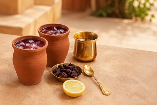 Kokum Sherbet In Clay Cups With Lemon And Spices