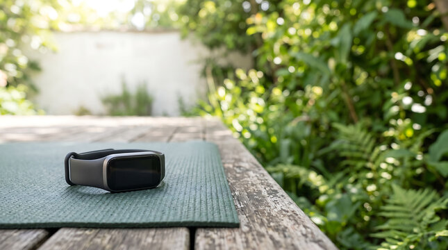 Black Fitness Tracker Smartwatch on a Green Yoga Mat Outdoors on a Wooden Surface