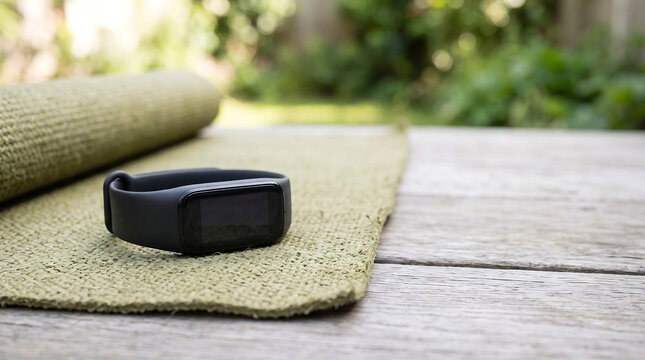 Black Fitness Tracker Smartwatch on a Green Yoga Mat Outdoors on a Wooden Surface