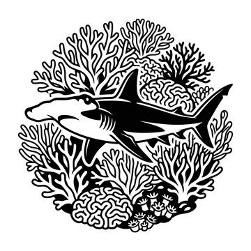 Black and white shark illustration swimming.