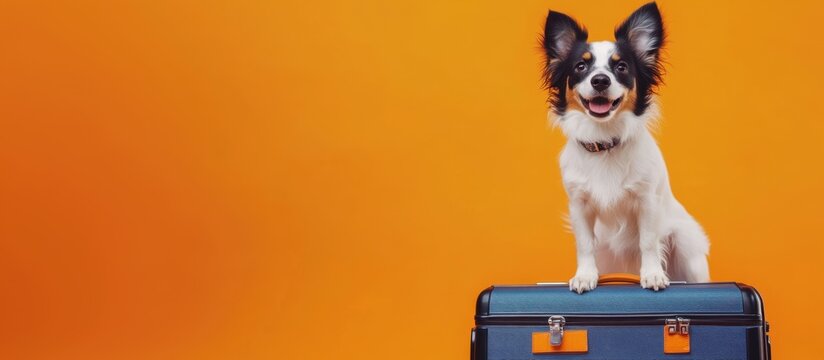 Cute happy dog sitting on a bright suitcase. Travel, vacation, and pet transportation concept