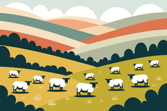 Fluffy white sheep grazing on beautiful green rolling hills meadow under a cloudy sky in countryside, agriculture concept