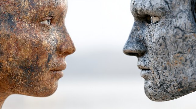 Abstract 3D rendering of weathered humanoid faces, one of cracked stone and one of rusted metal, facing each other in profile for a conceptual look at nature vs technology.