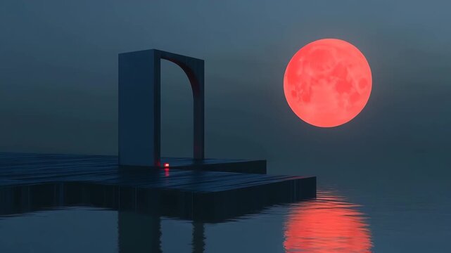 Full moon over a dark water platform with an archway