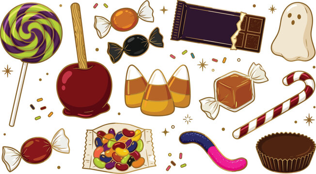 Halloween Candy Vector Collection with Lollipop Candy Apple Chocolate Candy Corn Caramel Ghost Jelly Beans and Sweet Treat Illustration Elements
