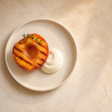 Grilled Peach With Mascarpone Cream On Minimal Plate