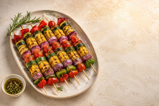 Grilled Vegetable Skewers With Herb Sauce And Copy Space