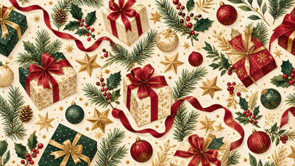 Fototapeta premium Luxury holiday gift wrapping pattern with ribbons stars and pine