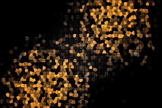 Dense cluster of golden bokeh lights against a dark black background with abstract background particles wallpaper backdrop atmosphere celebration composition decorative