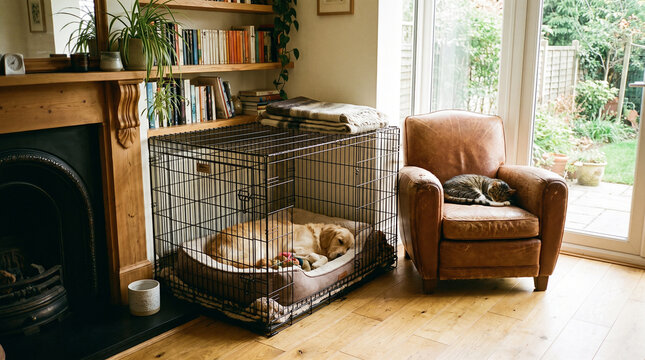 Dog crate setup in a home environment with pets relaxing