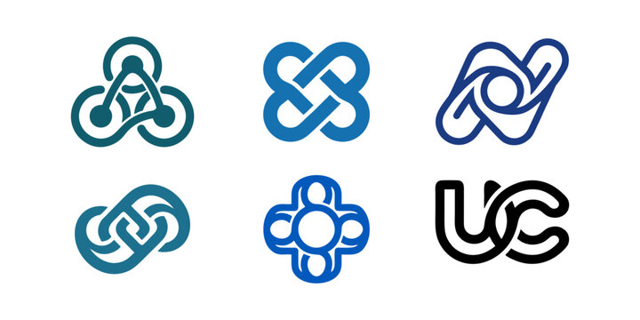 Set of abstract blue geometric logos and interconnected icons for corporate business branding identity