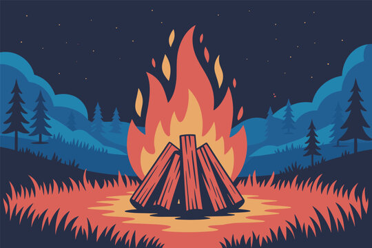 Cozy campfire bonfire burning brightly with wooden logs at night in a dark pine forest under stars, outdoor concept
