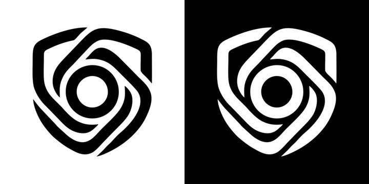 Minimalist shield logo with aperture camera shutter design in black and white icons for security and photography branding identity