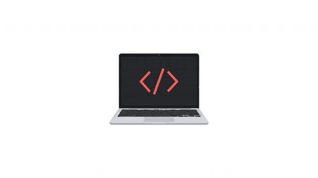 Minimal Laptop Coding Animation with Code Brackets on White Background