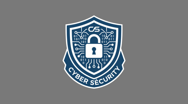 A cyber security shield logo with a padlock and circuit board design on a gray background, representing protection and technology.