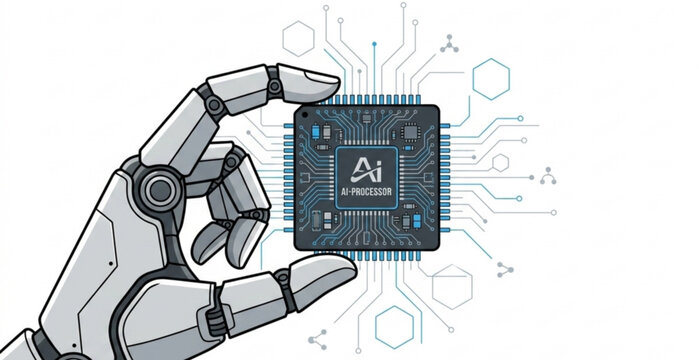 Futuristic Robot Hand Holding AI Processor Chip with Digital Circuit Technology Vector Illustration