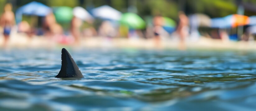 Dangerous shark fin appearing on the water surface close to a crowded public beach. Threat or panic concept