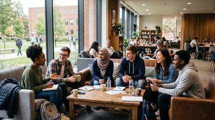 Obraz premium Diverse group of young students collaborating and socializing in a modern university common area
