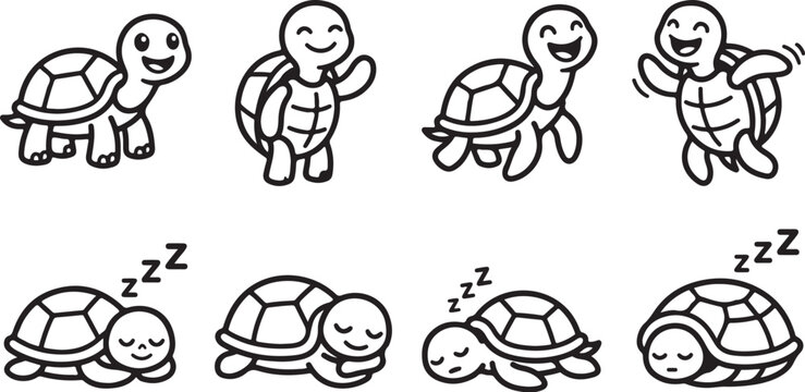 Cartoon turtles showing different emotions and activities
