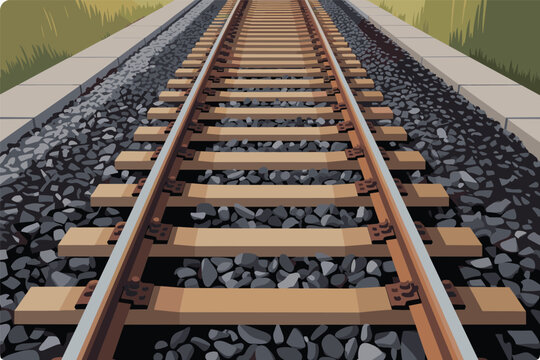 Low angle perspective view of straight railway tracks running through green grass fields into distance, travel concept