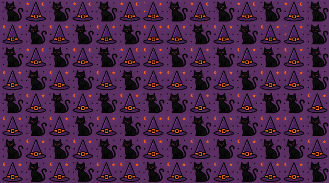 Seamless Halloween pattern with black cats and witch hats on purple vector background