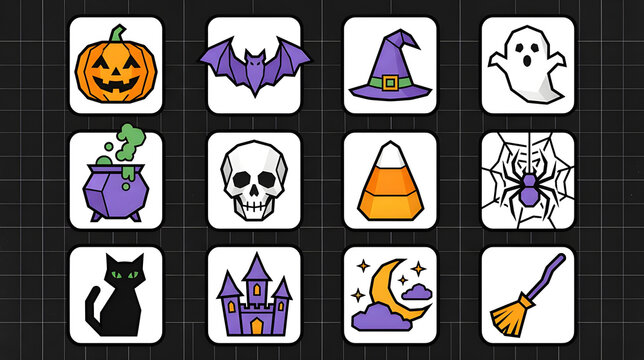 Geometric flat Halloween icons set with pumpkin ghost skull and witch attributes vector illustration