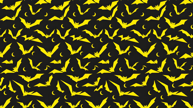 Seamless geometric pattern of yellow flying bats and crescent moons on black background vector