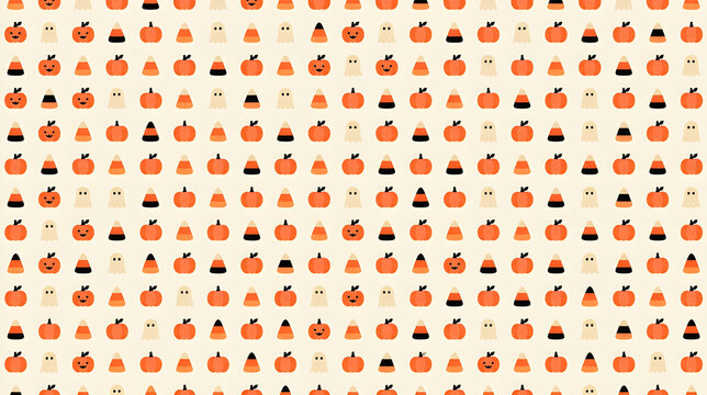 Seamless Halloween pattern with cute pumpkins ghosts and candy corn vector background