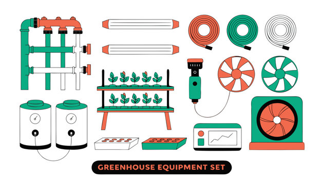 Very beautiful realistic vector illustration of a Greenhouse Equipment Set featuring hydroponic pipes, grow lights, irrigation tubes, fans, water tanks, seed trays, plant shelves, sensors, climate con