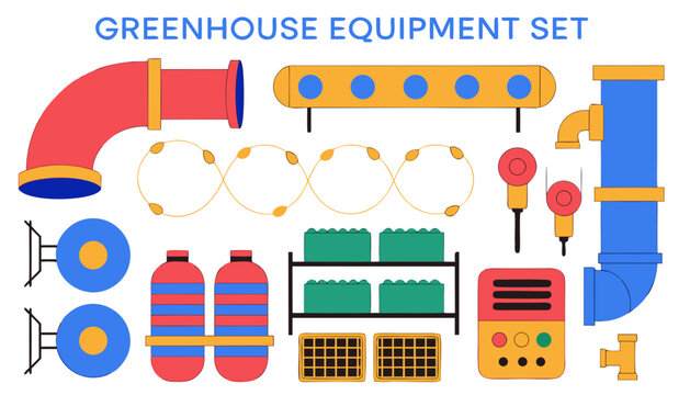 Very beautiful realistic vector illustration of a Greenhouse Equipment Set featuring hydroponic pipes, grow lights, irrigation tubes, fans, water tanks, seed trays, plant shelves, sensors, climate con